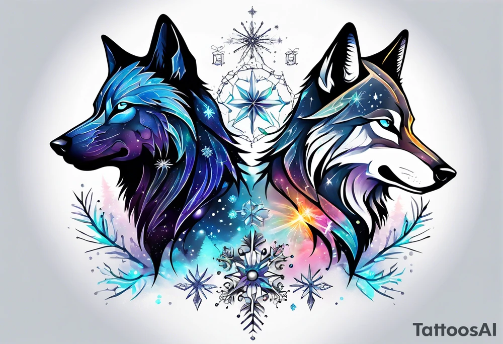 Constellation, two animal alien wolf, snowflake tattoo idea