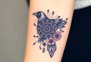 raven with mandala and flowers tattoo idea