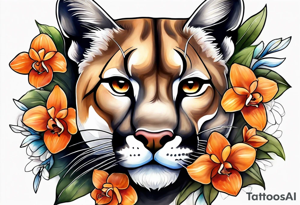 Mother mountain lion with orange orchids tattoo idea