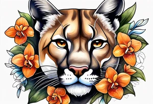Mother mountain lion with orange orchids tattoo idea