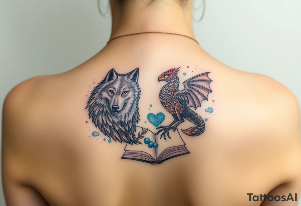 An open book with a werewolf, an owl & a dragon tattoo idea
