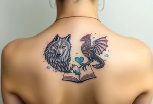 An open book with a werewolf, an owl & a dragon tattoo idea