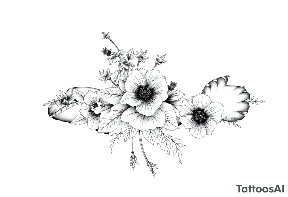 Full sleeve tattoo design of larkspur and hawthorn flowers, highly detailed line art, RED ink, elegant botanical style, intertwined composition, no shading, no human mock-up, clean stencil style suitable for tattooing, fit fully within boundaries. LINE ART ONLY, REMOVE HUMAN, NO SKIN, NO ARM, NO HUMAN BODY PARTS tattoo idea