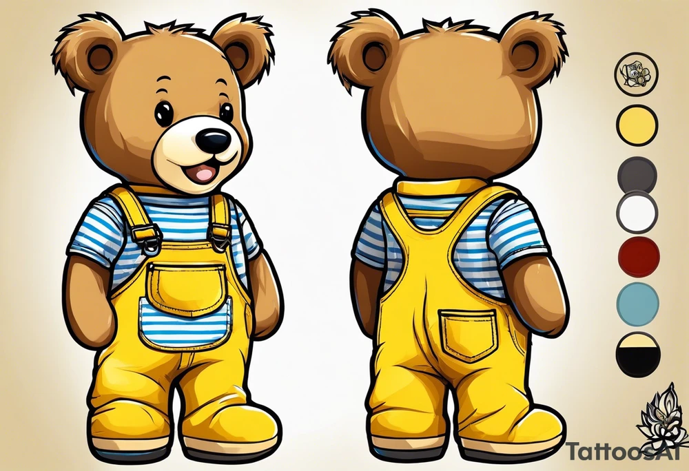 the image of the back of a light brown teddy bear standing in yellow overalls, white tank top, striped boots and holding his left arm up tattoo idea
