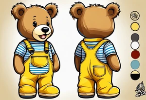 the image of the back of a light brown teddy bear standing in yellow overalls, white tank top, striped boots and holding his left arm up tattoo idea