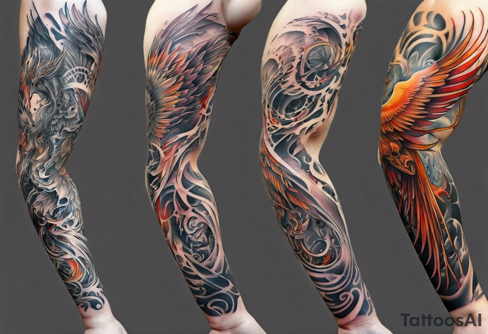 Sleeve tattoo on a woman's arm. Phoenix tattoo idea
