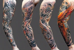Sleeve tattoo on a woman's arm. Phoenix tattoo idea
