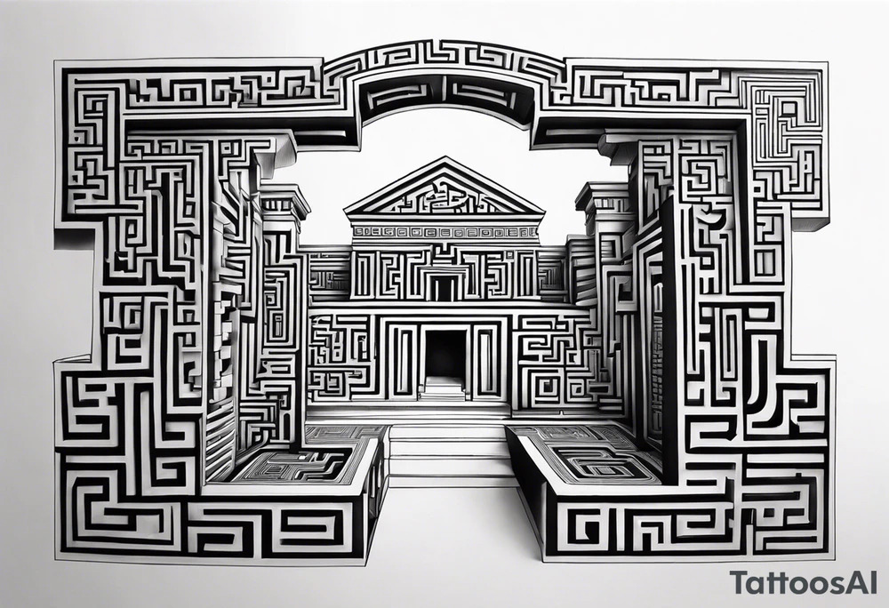 A three dimensional labyrinth covering the arm in a large Greek key pattern tattoo idea