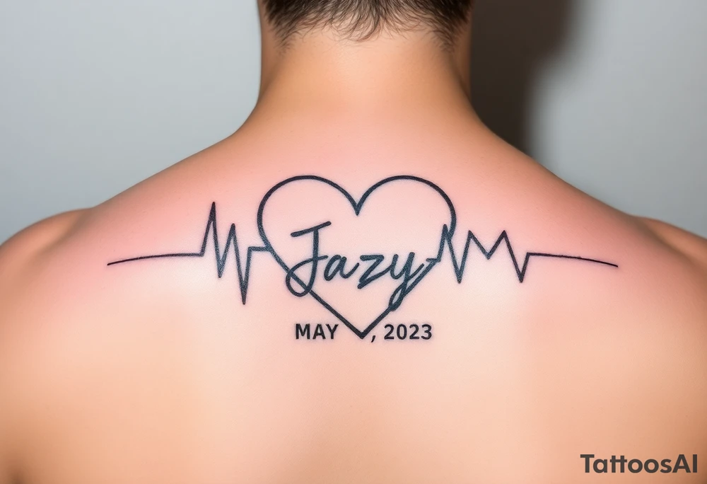 faded heart beat outline for a deceased best friend with the name Jazy and the date May 24, 2023 incorporated tattoo idea