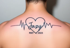 faded heart beat outline for a deceased best friend with the name Jazy and the date May 24, 2023 incorporated tattoo idea