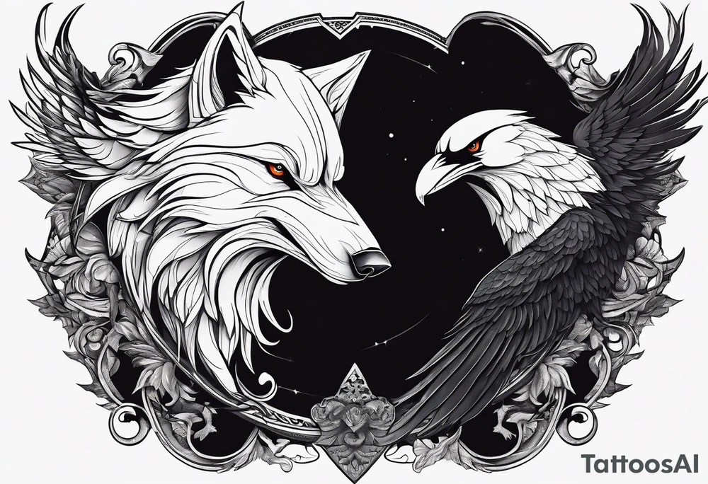 a scary black raven and white wolf facing each other tattoo idea