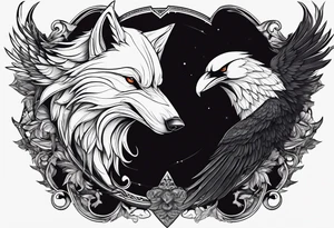 a scary black raven and white wolf facing each other tattoo idea
