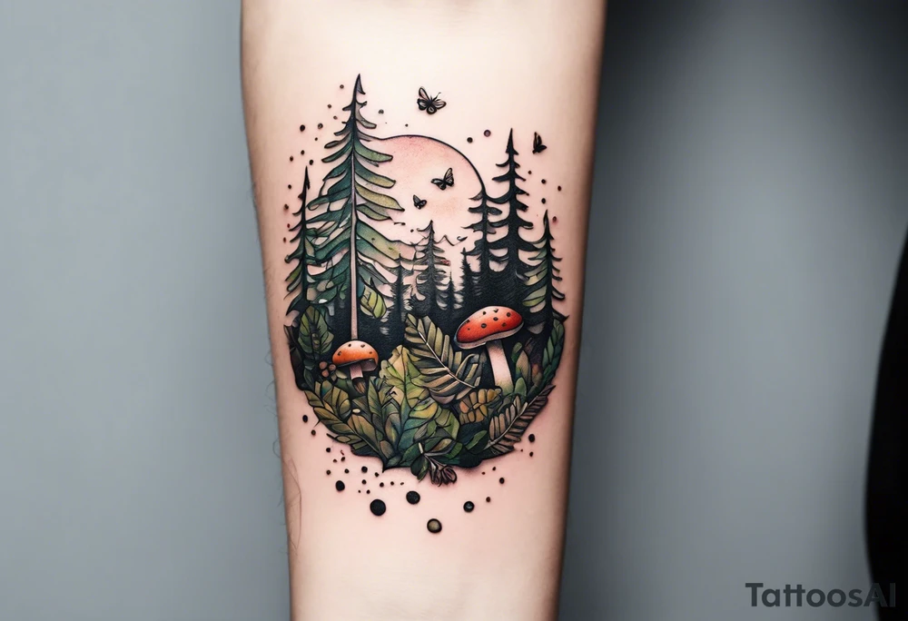 minimalistic forest floor inspired tattoo, which includes grass, moss, curly ferns and dead leaves as the bulk of the tattoo. details to include: forest berries, couple of very small brown mushrooms, a tiny bumblebee flying nearby tattoo idea