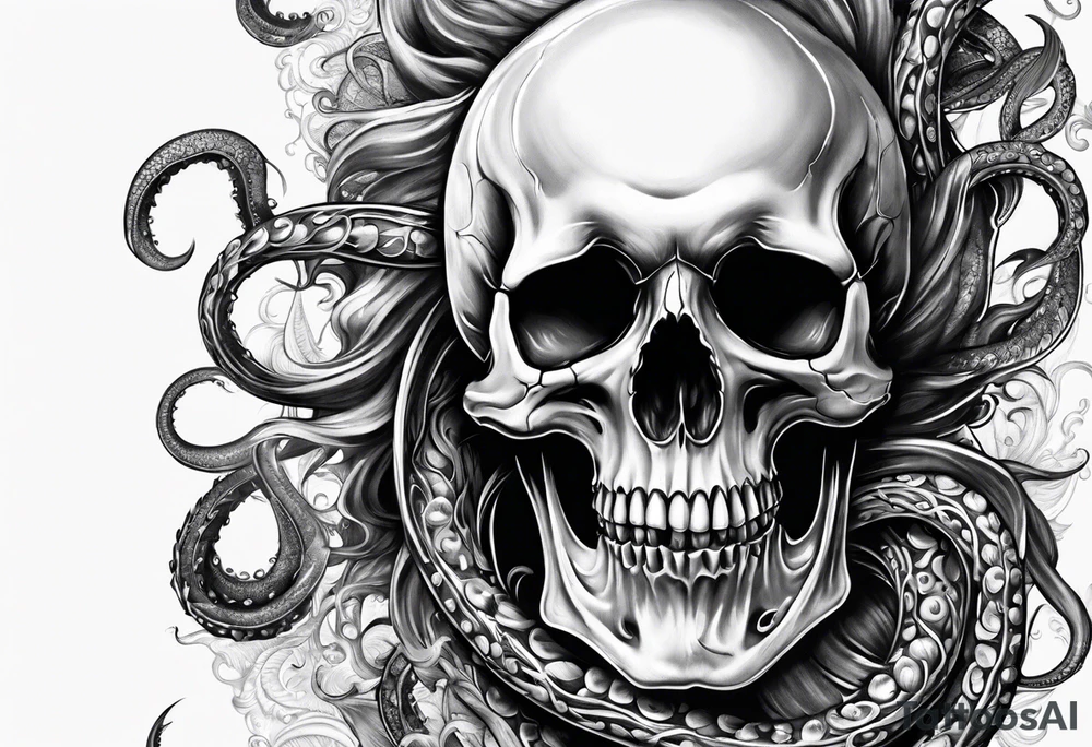 Realistic skull with tentacles tattoo idea