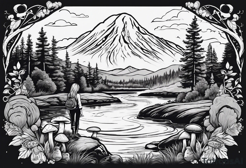 Whole picture encircled fully

Straight long blonde hair hippie girl in distance holding mushrooms in hand facing away toward mountains and creek surrounded by mushrooms long sleeve shirt and hiking pants; whole rendering within a full circle, no cut off circle tattoo idea