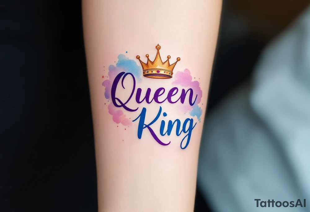 A golden crown floating above the word "Queen" in deep purple script and "King" in royal blue. tattoo idea