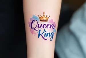 A golden crown floating above the word "Queen" in deep purple script and "King" in royal blue. tattoo idea