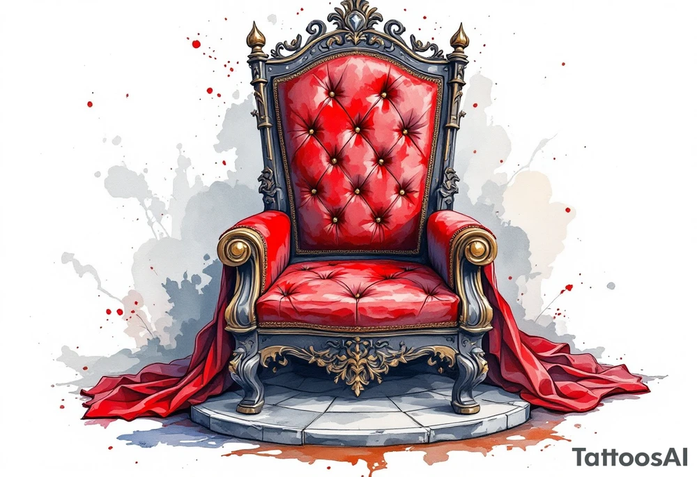 A red velvet throne for the queen and a black leather throne for the king, drawn in rich detail. tattoo idea