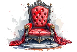 A red velvet throne for the queen and a black leather throne for the king, drawn in rich detail. tattoo idea