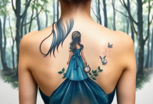 Back view of a girl in a blue dress walking in a forest following a small white rabbit. A pocket watch on top of the scene, falling amongst the trees tattoo idea