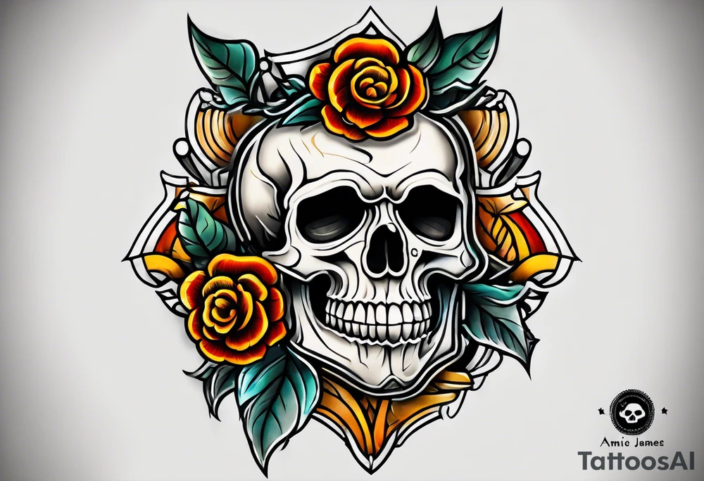 Old school knee tattoo with skull and fall colors tattoo idea
