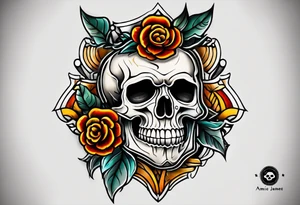 Old school knee tattoo with skull and fall colors tattoo idea