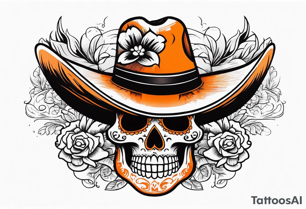 Mexican skull with sombrero with smoke coming out of the bottom orange and black tattoo idea