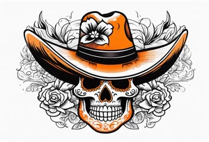 Mexican skull with sombrero with smoke coming out of the bottom orange and black tattoo idea