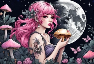 fairy with pink hair, eating a mushroom under the moon tattoo idea