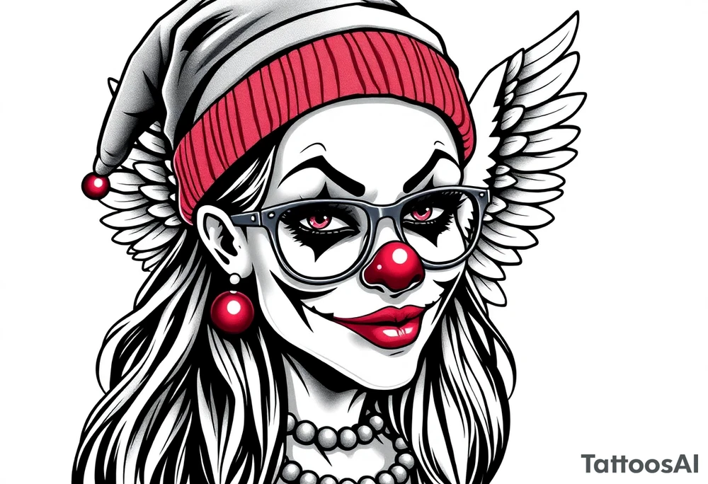 Mexican beautiful long hair Clown Girl thug beanie eyeglasses angel wings tattoo idea