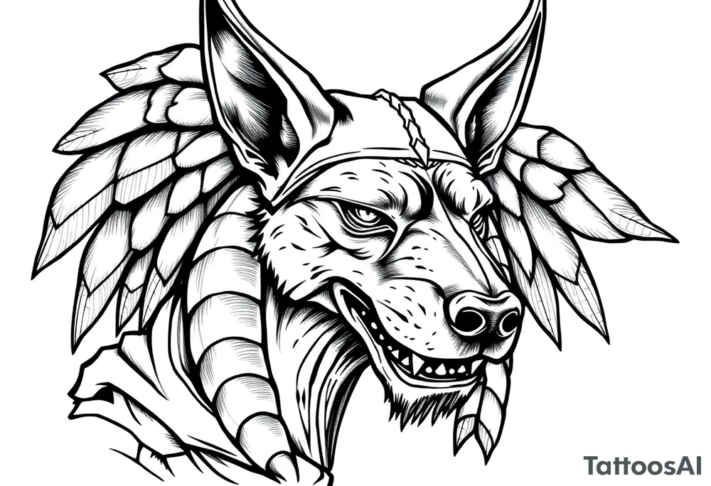 Egyptian Anubis god powerful face muscle in Egypt style with mantle on head dog face long ears tattoo idea