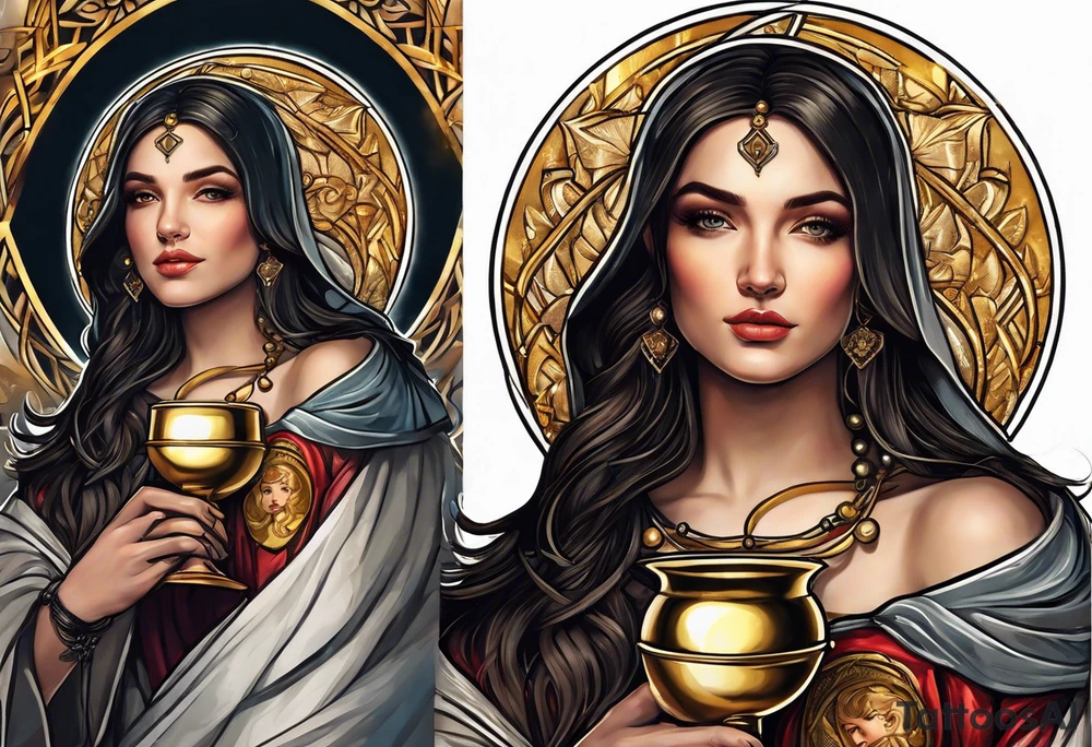 woman saint holding chalice surrounded by golden halo portrait tattoo idea