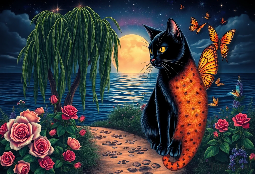 Night time. Ocean.  weeping willow garden with roses and liles flower beds. fantasy creatures, fairies, mermiads, dragons butterflies,  cat paw prints path in dirt. Black cat and orange cat tattoo idea