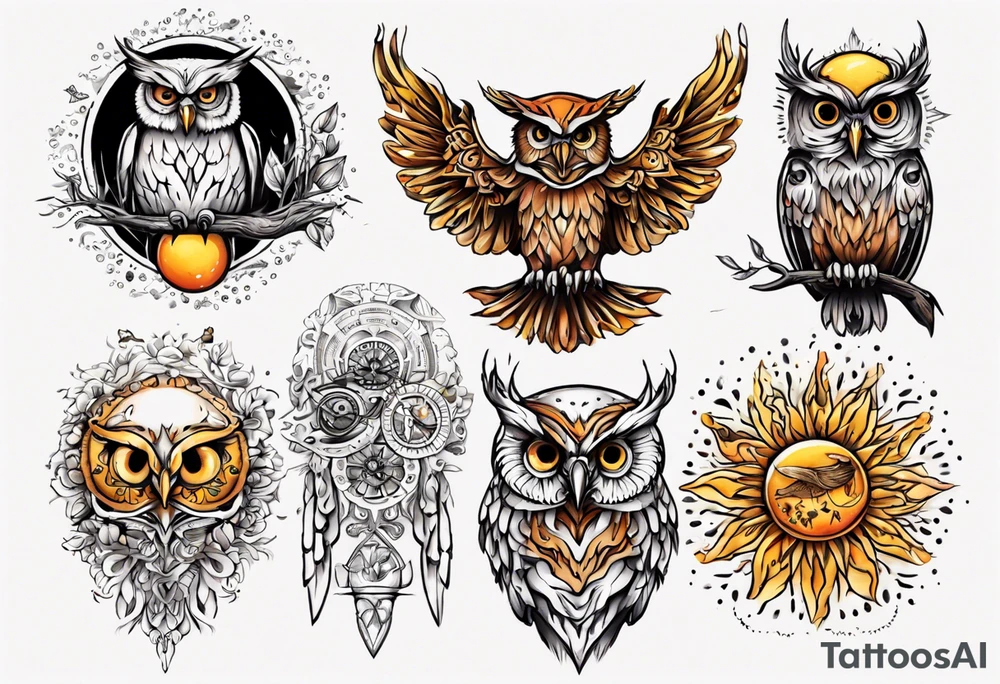 Eule und sonne tattoo idea