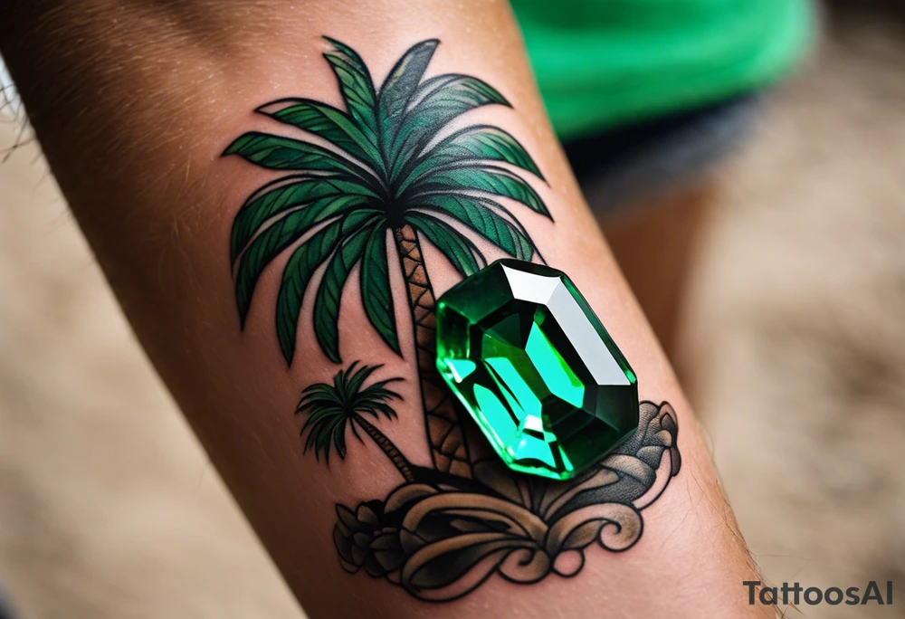 Tattoo: A striking Gachala emerald sits at the base of a tall quindio wax palm, which grows resiliently from cracks in rugged, rocky soil. The emerald is the main focal point, symbolizing strength and endurance, while the wax palm, rooted in the soil’s crevices, represents growth and resilience. A small water stream flows gently from the rocks, adding an element of life and nourishment. Style: Geometric. tattoo idea
