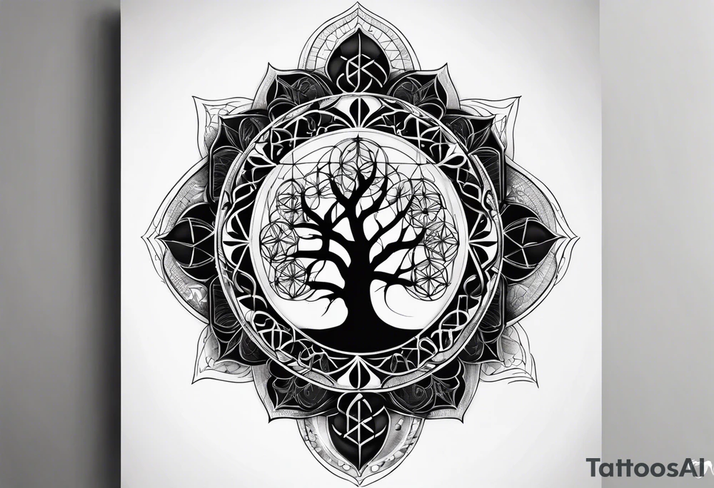 sleeve tattoo for women with symbols of sacred geometry: metatron's cube, flower of life, kabbalah tree of life tattoo idea