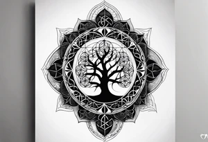sleeve tattoo for women with symbols of sacred geometry: metatron's cube, flower of life, kabbalah tree of life tattoo idea