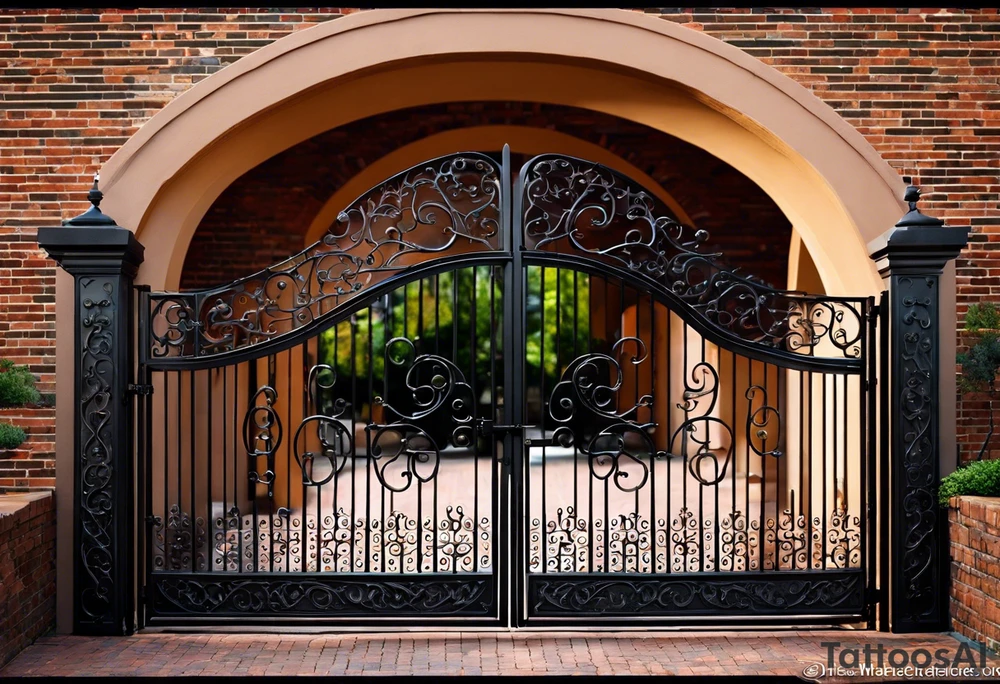 This image depicts an arched gate made of intricately designed wrought iron. The gate has swirling patterns, with the iron bars curving elegantly in various directions, forming loops and curves. The gate is set within a brick frame, with the bricks having a weathered, slightly irregular appearance. The bricks are painted in a gradient of colors, primarily shades of red and pink, transitioning into some hints of green and blue, especially around the edges.

Behind the gate, there’s a pathway made of bricks that leads into a lush garden. The garden is full of greenery, with trees and plants visible in the background. The image has a slightly surreal and artistic quality, possibly due to some paint or texture effects applied to it, giving it a dreamy and almost watercolor-like appearance. tattoo idea