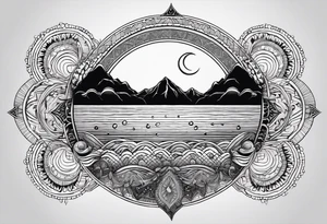 Round Mandala Design. In the Center a half moon that is dripping water Drops into the sea. Around that a sun. Around that Mountains Made of wavy lines. tattoo idea