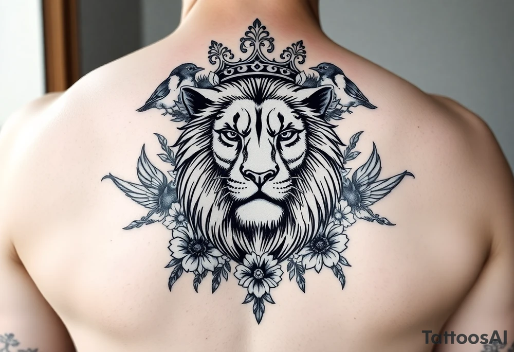 powerful majestic lion with a crown, surrounded by floral ornaments and birds tattoo idea