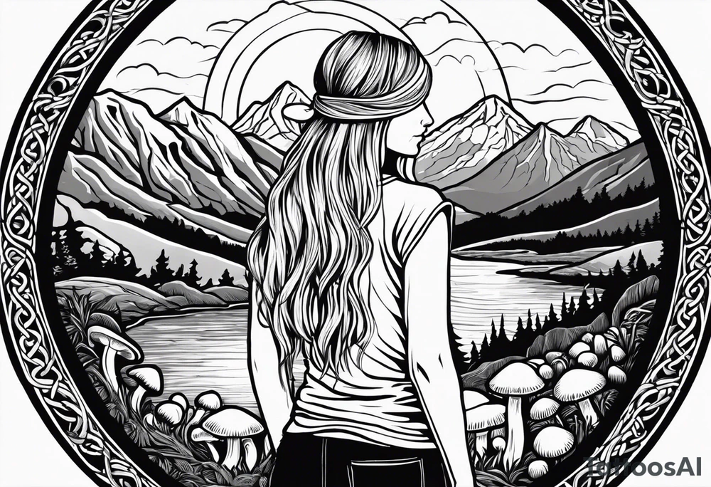 Whole picture encircled fully

Straight long blonde hair hippie girl in distance holding mushrooms in hand facing away toward mountains and creek surrounded by mushrooms long sleeve shirt and hiking pants; whole rendering within a full celtic circle, no cut off circle tattoo idea