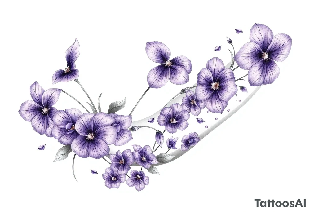 Violets, peace symbol, Pisces symbol, dog prints, amethyst, initials csb in cursive font tattoo idea