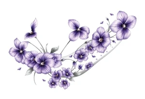 Violets, peace symbol, Pisces symbol, dog prints, amethyst, initials csb in cursive font tattoo idea