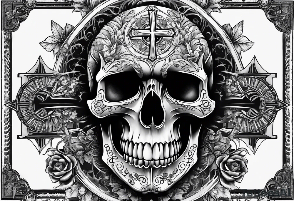 Big Skull with fangs , three crosses, words saying “A Sound Soul Dwells Within A Sound Mind and Sound Body” tattoo idea