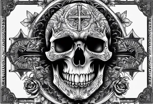 Big Skull with fangs , three crosses, words saying “A Sound Soul Dwells Within A Sound Mind and Sound Body” tattoo idea