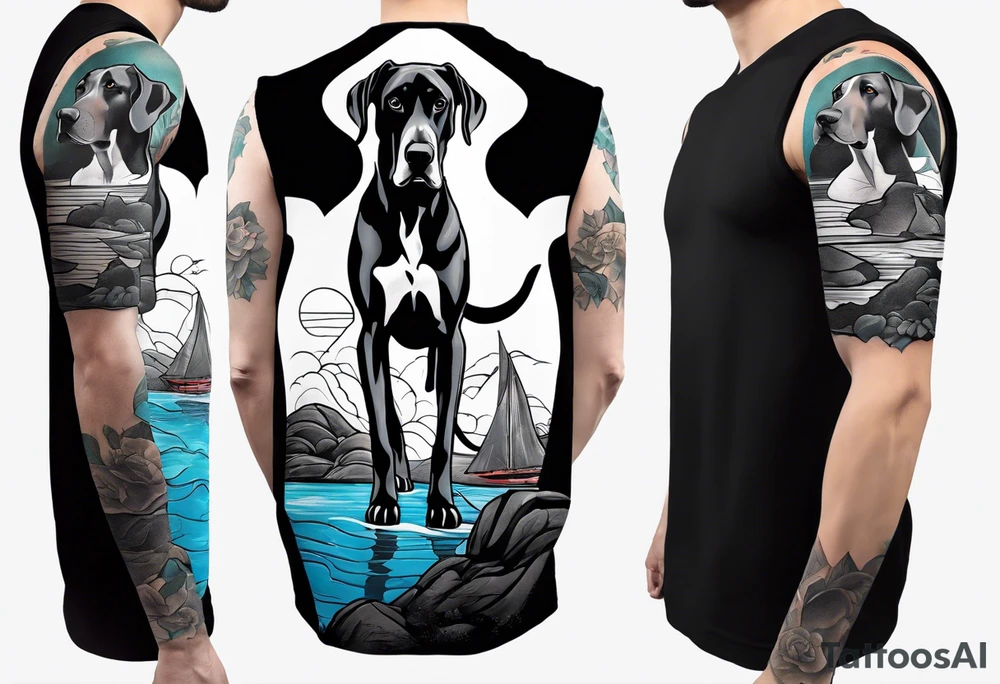 Arm sleeve for man with Great Dane (Full Tuxedo Color and floppy ears) standing proudly chest up on a rock in front of a body of water tattoo idea