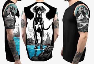 Arm sleeve for man with Great Dane (Full Tuxedo Color and floppy ears) standing proudly chest up on a rock in front of a body of water tattoo idea