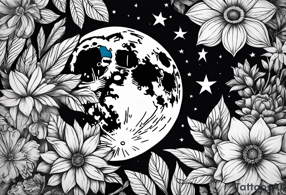 Moon stars flowers tattoo idea