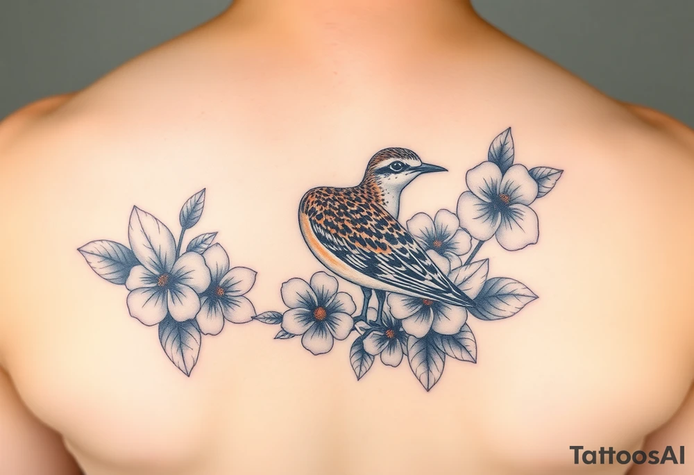 Female pacific golden plover (kolea) bird hawaiian flowers and lei in color detailed tattoo idea