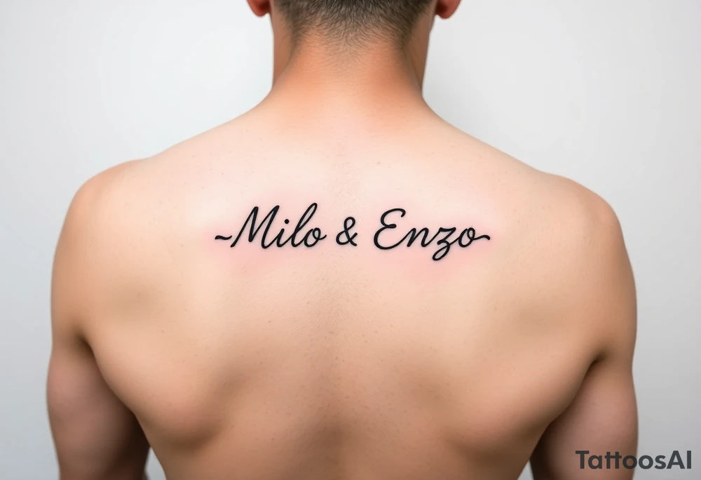 minimal ling line dog lover tattoo , dogs name in cursive Milo and Enzo 
 one line vertically not stretched sideways tattoo is for forearm from wrist to elbow tattoo idea